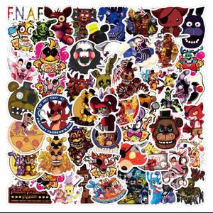 May include: A sheet of colourful FNAF stickers, showcasing characters from the game. The stickers depict Freddy Fazbear, Foxy, and other animatronic figures. Some stickers include text such as "FNAF" and "Freddy Fazbear's Pizza".