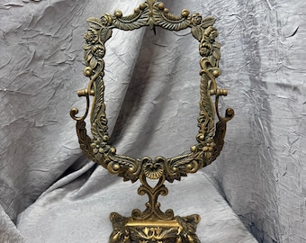 Vintage Ornate Brass Swivel Vanity Mirror Frame Floral Scrollwork Pedestal 15"