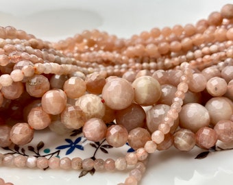 4mm 6mm 8mm 10mm 12mm Natural Color Peach MoonStone High Quality Faceted Round Gemstone Beads 15.5 Inches Strand #3005