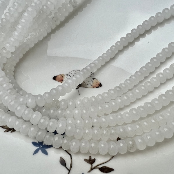 4x6 mm Natural Smooth Rondelle Shape White Jade Gemstone Beads Genuine White Jade Loose Beads 15 Inches Strand  #4211