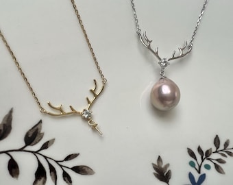 14K Gold Plated .925 Sterling Silver Deer Antlers Necklace for Half Drilled Pearl One Piece #10431