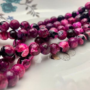 10 mm Faceted Round Fire Agate Gemstone Beads Heat Treated Fuchsia Pink Color Natural Gemstone Agate 15.5 Inches Strand #2670