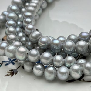 9-10 mm AA Large Hole Gray Potato Freshwater Pearl Beads Hole Size 1.2mm 2.1mm Genuine Silver Gray Pearl 46 Beads  #1210