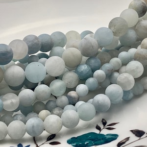 6mm 8mm 10mm Half Strand Large Hole Natural Color Matte Blue Aquamarine Gemstone Beads Hole Size 2.0 mm 8 Inches Strand #3765