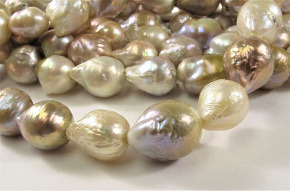 12-14 x 15-17 mm Half Strand Large Hole Natural Baroque Pearl 2 mm Hole, Natural Seaweed White & Pink Jumbo Baorque Pearl Beads (239-BQ1217)