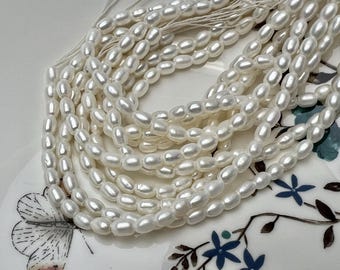 4x6 mm AA Half Strand Natural White Rice Oval Freshwater Pearl Large 1.5mm Hole 34 Beads #P3838