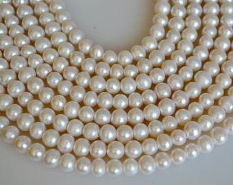 May include: Close-up of multiple strands of creamy white pearls. The pearls are round and have a lustrous sheen, reflecting light. The strands are arranged in a curved pattern, showcasing the uniformity and quality of the pearls.