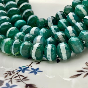 10x13-14 mm DZI Tibetan Agate Large Hole Faceted Drum Shape Pine Green Color Agate Hole Size 2.0 mm 14 Inches Strand 37 Beads  #2732
