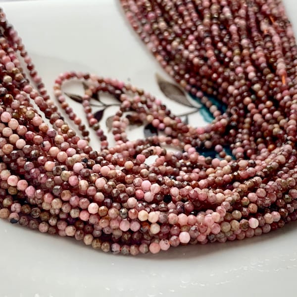 2 mm AAA Faceted Round Tiny Pink Rhodonite Gemstone Beads Genuine Natural Shiny Pink Rhodonite Loose Beads 15 Inches Strand  #3279