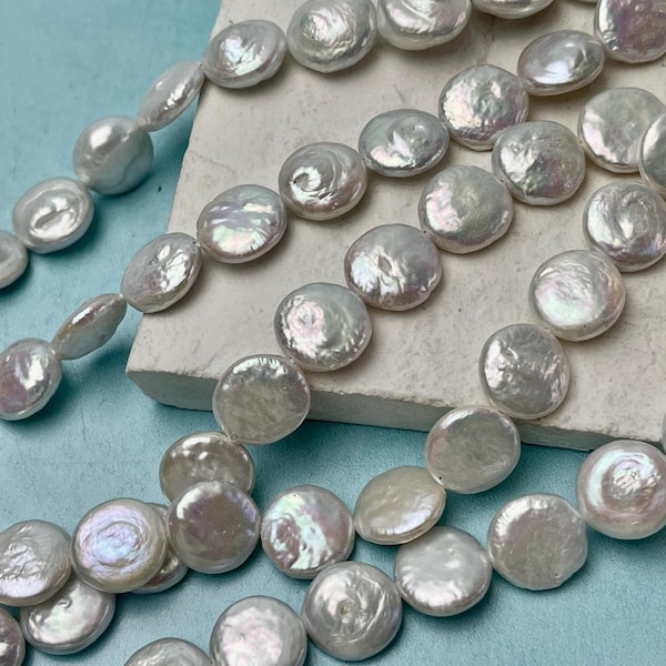 Perlas de agua dulce de 12 mm AAA, blancas naturales, genuinas, cultivadas, de alta calidad, con forma de moneda, hebra completa/media hebra n.° P2803