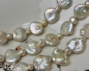 19-20 mm Natural Yellowish White Flat Coin Freshwater Pearls 15.5 Inches Strand 14 Beads C Grade #P3818