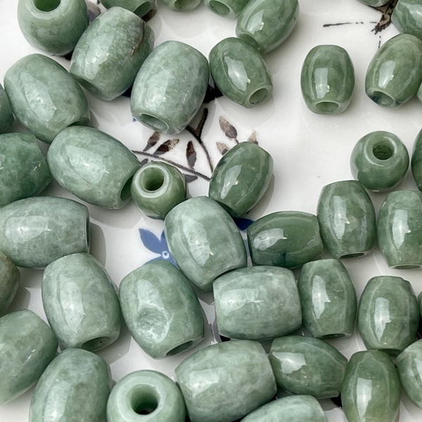 Two Pieces 7.5x10mm 10x12mm Natural Color Large Hole Smooth Barrel Shape Burmese Jade Beads 3.0mm Hole Natural Green Burmese Jade #3816