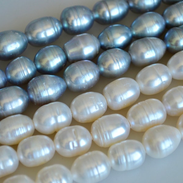 10x11-12mm Large Hole Silver and White Freshwater Pearl Beads Rice Shape Hole 2.2mm #781