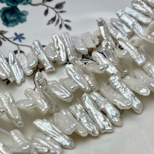 7 x 20-22 mm Natural White Biwa Stick Freshwater Pearl Beads, Genuine Cultured Center Drilled Pearl Beads,Natural Pearl Beads  #566