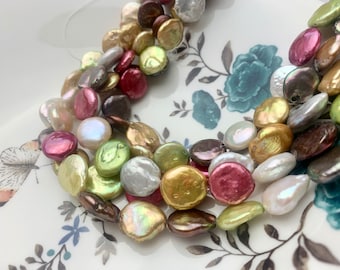 12 mm Mixed Color Coin Freshwater Pearl Beads Genuine Mixed White Pink Gray Gold Bronze Copper Green Brown Coin Pearl 31 Pieces #P1586