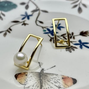 One Pair 925 Sterling Silver/Gold Setting Findings For Half Drilled Pearls Rectangular Shape Design Sterling Silver Earring Findings #10258