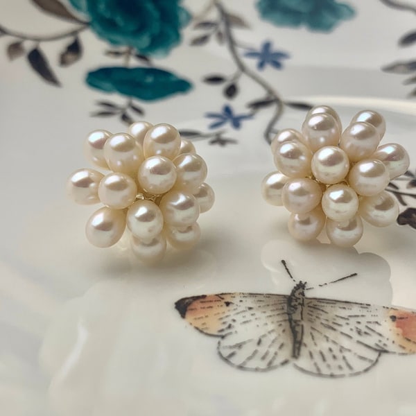 Genuine Natural White Freshwater Pearl Stud Earring .925 Sterling Silver Cluster Earring Posts Pearl Earrings Bridal Earrings #10047-A