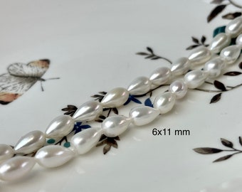 5.5x7.5mm AA Natural White Tear-Drop Rice Shape Freshwater Pearl Beads #819