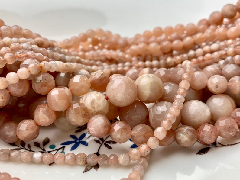 4mm 6mm 8mm 10mm 12mm Natural Color Peach MoonStone High Quality Faceted Round Gemstone Beads 15.5 Inches Strand #3005