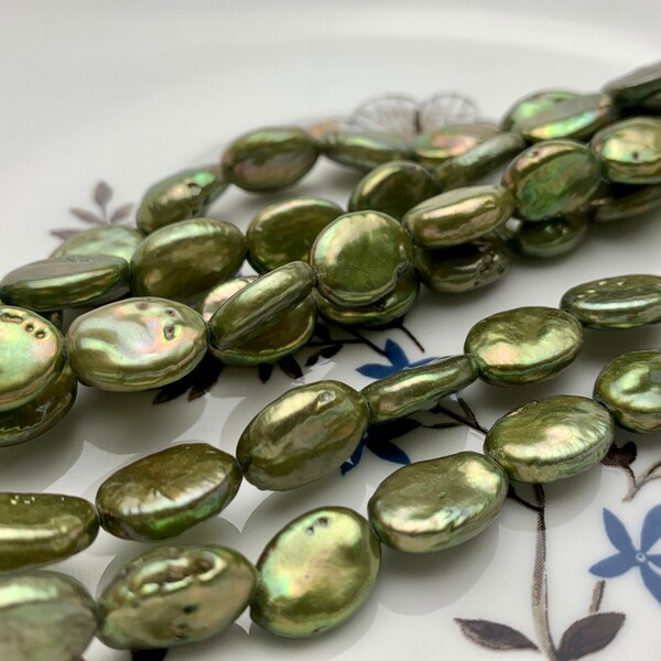 10x12-13 mm Sage Green Oval Coin Pearl Genuine Freshwater Coin Pearl, Green Oval Shape Freshwater Pearl, Oval Green Pearl #62