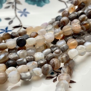 6 mm Micro Faceted Diamond Cut Light Brown Gray Color Flat Coin Disc Shape Agate Gemstone Beads Genuine Agate 15 Inches Strand #2825