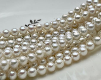 May include: A strand of white freshwater pearls, arranged in a fan shape on a white surface. The pearls are round and smooth, with a subtle iridescent sheen.