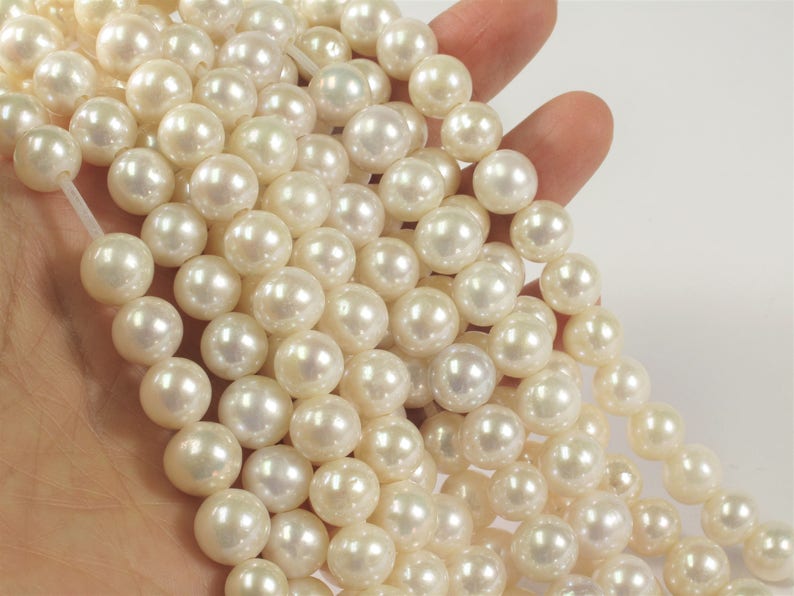 High Luster White Genuine Pearls 10 mm Half Strand Extra Shiny Large Hole Natural White Round Freshwater Pearl Beads 2mm Hole 231-LHRW10