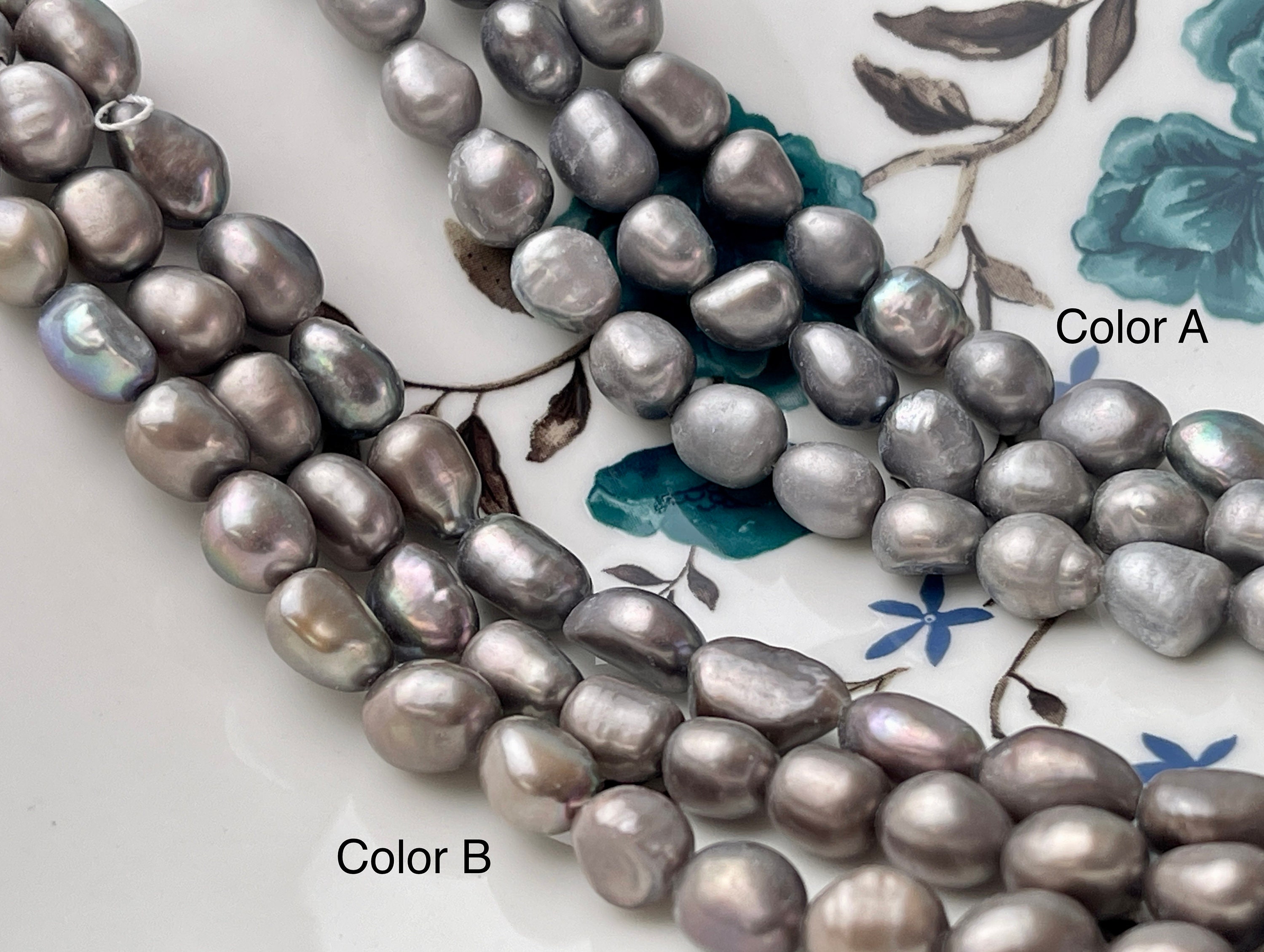 7x9 Mm Charcoal Gray Color Rice Nugget Freshwater Pearl Beads Genuine ...