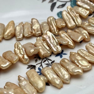 7-10x16-22 mm AA Champagne Biwa Stick Freshwater Pearl Beads Genuine Cultured Center Drilled Champagne Biwa Pearl Beads #P2190