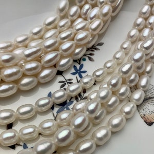 6.5-7x9-11 mm AAA Natural White Long Oval/Rice Freshwater Pearl Genuine High Luster Long Smooth Quality Pearls Bridal Pearls #P1612