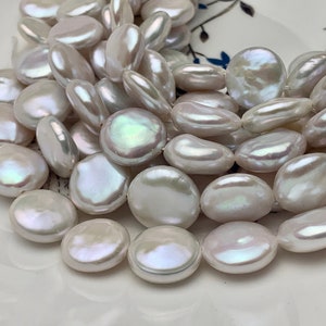 12-14mm AAAAA High Luster Top Quality Natural White Coin Freshwater Pearls Genuine Very Rare Round Coin Pearl 8 Inches 14 Beads  #P1675