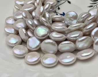 12-14mm AAAAA High Luster Top Quality Natural White Coin Freshwater Pearls Genuine Very Rare Round Coin Pearl 8 Inches 14 Beads  #P1675