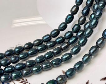 7x9-10 mm AA Half Strand Navy Blue Green Rice Oval Freshwater Pearl Beads Large Hole Size 2.1 mm 21 Beads #P3812