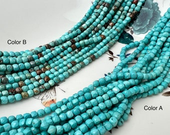 May include: Two strands of turquoise beads, one with a more mottled color (Color B) and one with a more solid color (Color A). Both strands are made of faceted, square-shaped beads.