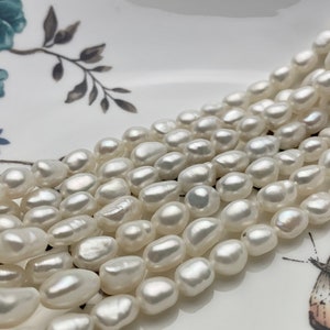 6-7x9-10 mm AAA Natural White High Luster Rice Nugget Freshwater Pearl Beads Top Quality Very Smooth White Freshwater Nugget Pearls #1402