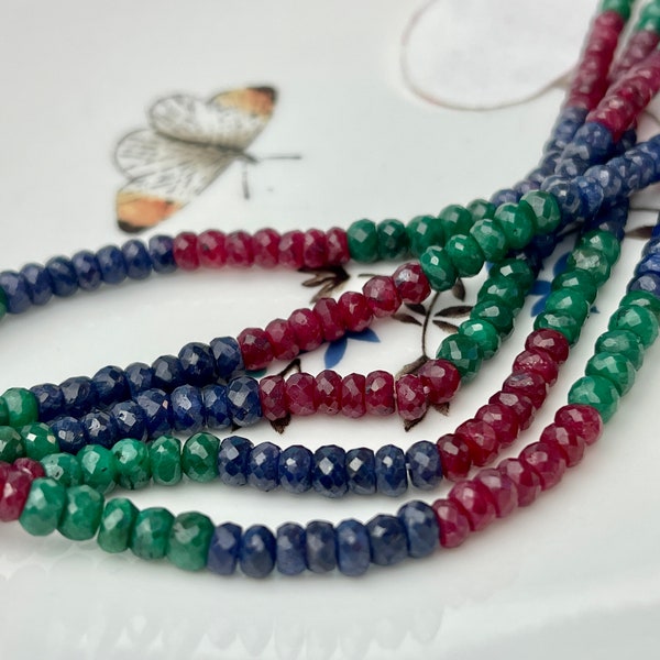 3-5 mm Natural Emerald Sapphire Ruby Gemstone Beads Faceted Rondelle Shape Genuine Green Blue Red Gemstone Beads 13-14 Inches Strand #4163