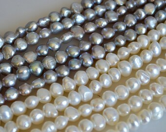 Pépites de perles d'eau douce à grand trou AA de 8 à 9 mm, taille du trou 2,1 mm, blanc naturel ou gris argenté, véritables perles de pépite #87