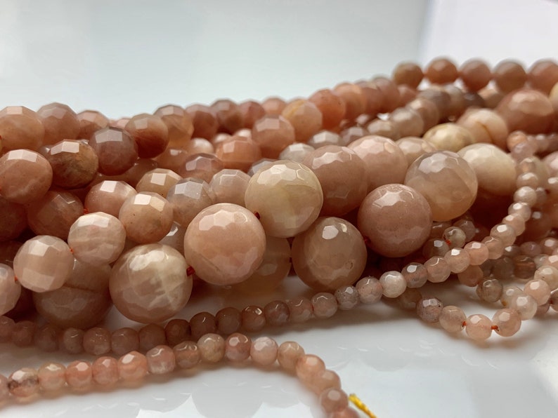 4mm 6mm 8mm 10mm 12mm Natural Color Peach MoonStone High Quality Faceted Round Gemstone Beads 15.5 Inches Strand #3005