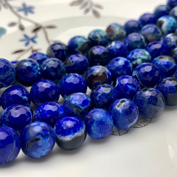 BEST DEAL 10 mm Faceted Round Fire Agate Gemstone Beads Heat Treated Purple Blue Black Color Natural Gemstone Agate 15.5 Inches Strand #2667