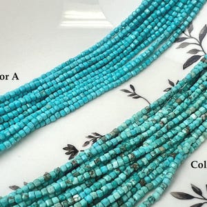 May include: Two strands of turquoise-colored, square-cut beads. One strand is a solid turquoise color, labeled "Color A." The other strand, labeled "Color B," has a mottled turquoise and brown appearance. The beads are displayed on a white surface.