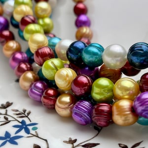 38 inches 10-11 mm Multi Color Genuine Pearl Necklace,Mixed White Blue Green Gold purple Color Ringed Pearl Beads Necklace #662