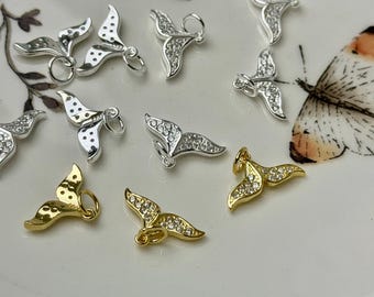 14K Gold Plated .925 Sterling Silver Whale Tail W/CZ Design Charm for Necklace Jewelry Making One Piece #10425
