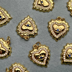 Evil Eye Herz Design Charms für Halskette Schmuck machen, 18K Gold Filled Charm Anhänger mit farbigen CZ Kristallen, ein Stück #CR0021