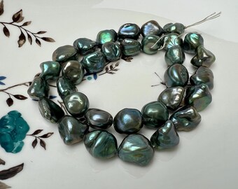 10-11x13-15 mm AAA Forest Green Color Rare Keshi Nugget Freshwater Pearl Beads #P3833