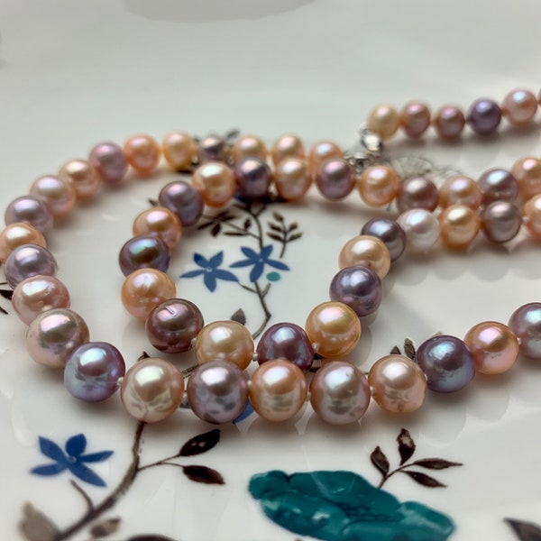 18/20/22/24 Inches Hand Knotted 8mm AA Freshwater Potato Pearl Necklace Natural Multi Pink Bridal Pearl Necklace With Silver Clasp  #P1143