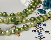 42 inch Mixed 9-11 mm Ringed Potato Pearl Genuine Freshwater Pearl Long Necklace in Sage Green Colors #335