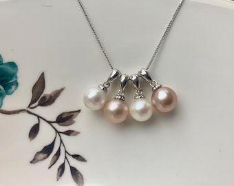 8-9 mm AAA Naturvit och Rosa Rund Äkta Sötvattenspärla Hänge 925 Sterling Silver Gör-det-själv Smycken #10054-B