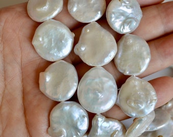 19-21mm Natural White OR Seaweed Large Coin Freshwater Pearl Beads, Large Irregular Flat Beads, Genuine Cultured Coin Pearls #219