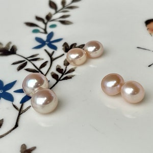 AAAA One Pair 4-7 mm Top Quality High Luster Round Button Half Drilled Freshwater Pearls Genuine Natural Pink Freshwater Pearls #1622
