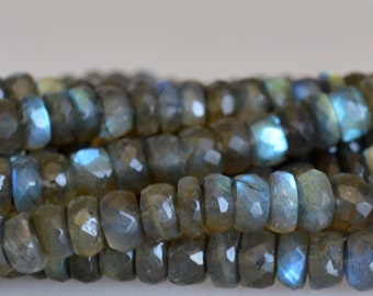 7mm 8-9mm Or 9-10mm AAA Quality Blue Flash Labradorite Beads Natural Dark Gray With Lots Blue Flash Faceted Rondelle Shape 8 inches  # 2089